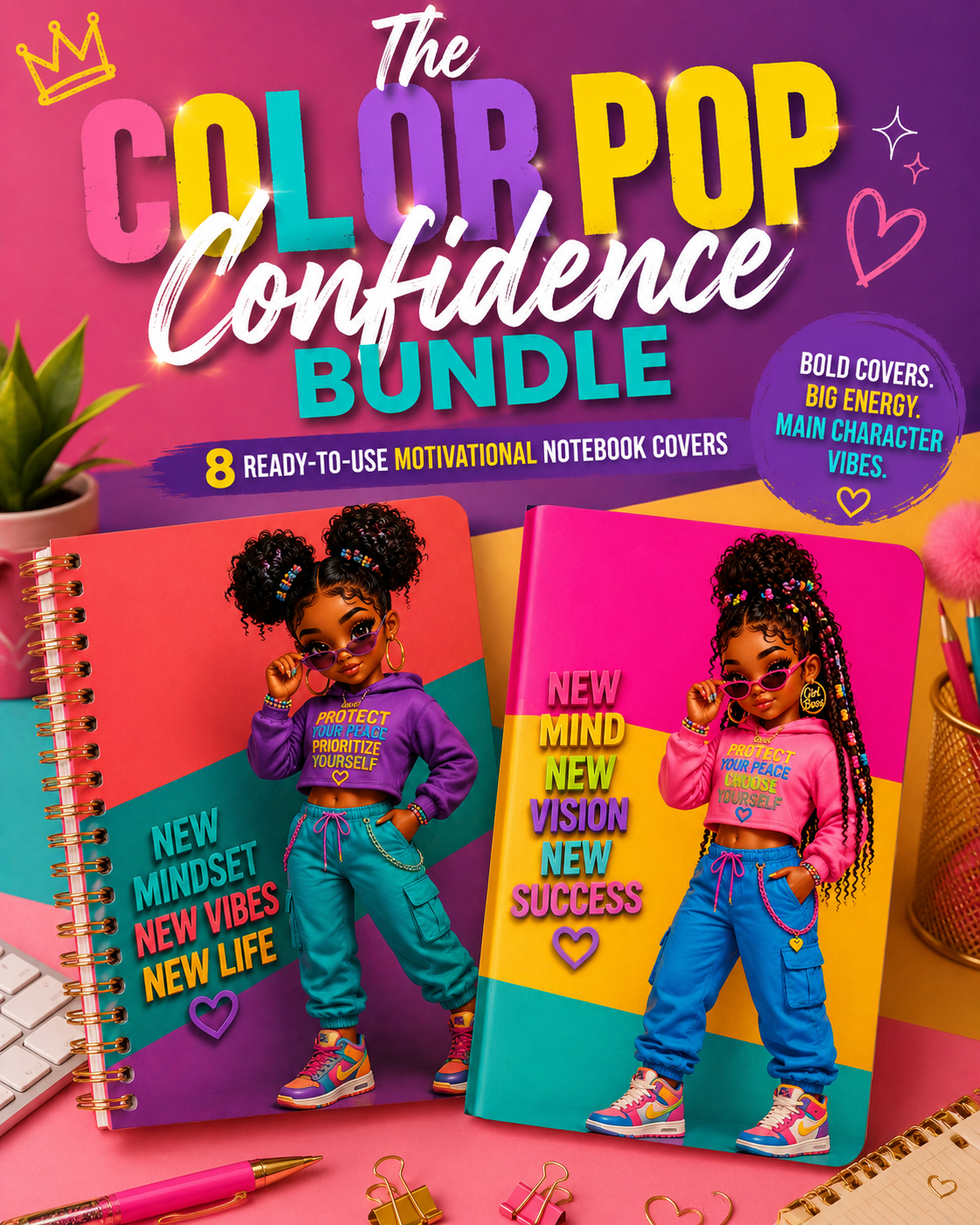 The Color Pop Confidence Bundle | 8 Ready-to-Use Motivational Notebook Covers