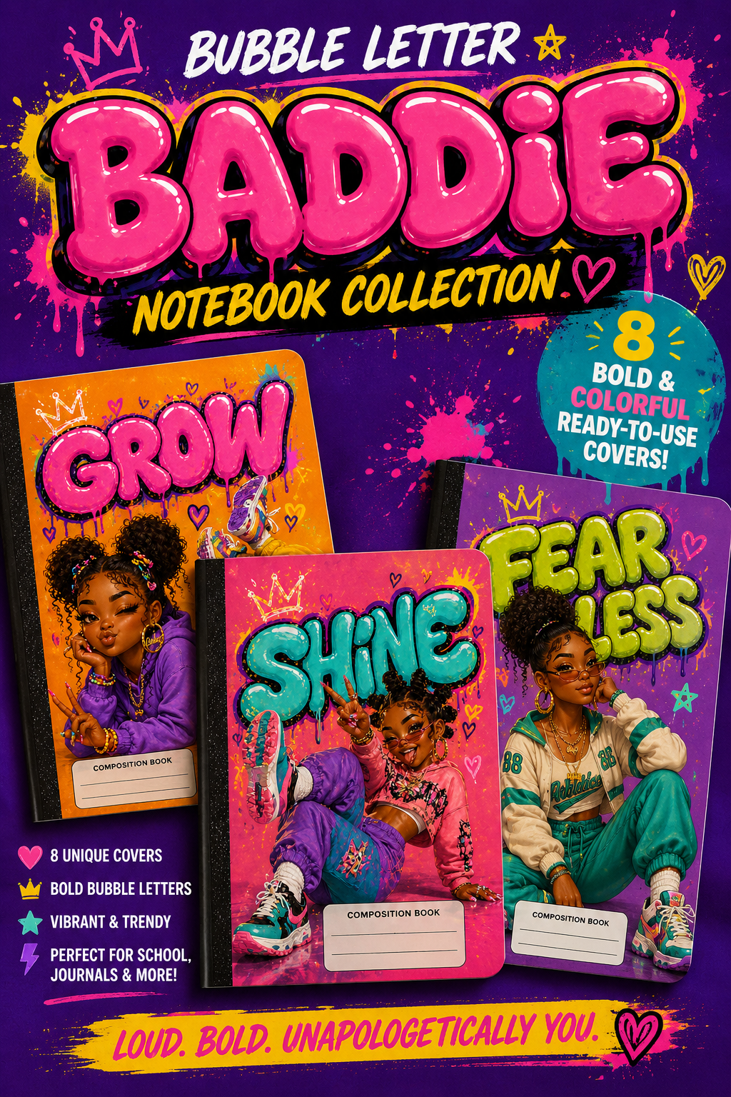Bubble Letter Baddie Notebook Collection ππ₯ | 8 Bold Ready-to-Use Covers