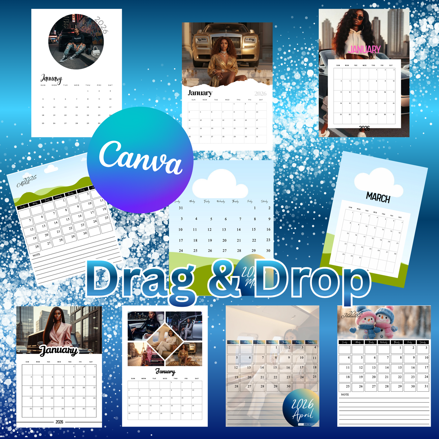 2026 Drag & Drop Calendar Bundle – 11/ 12-Month Editable Canva Templates