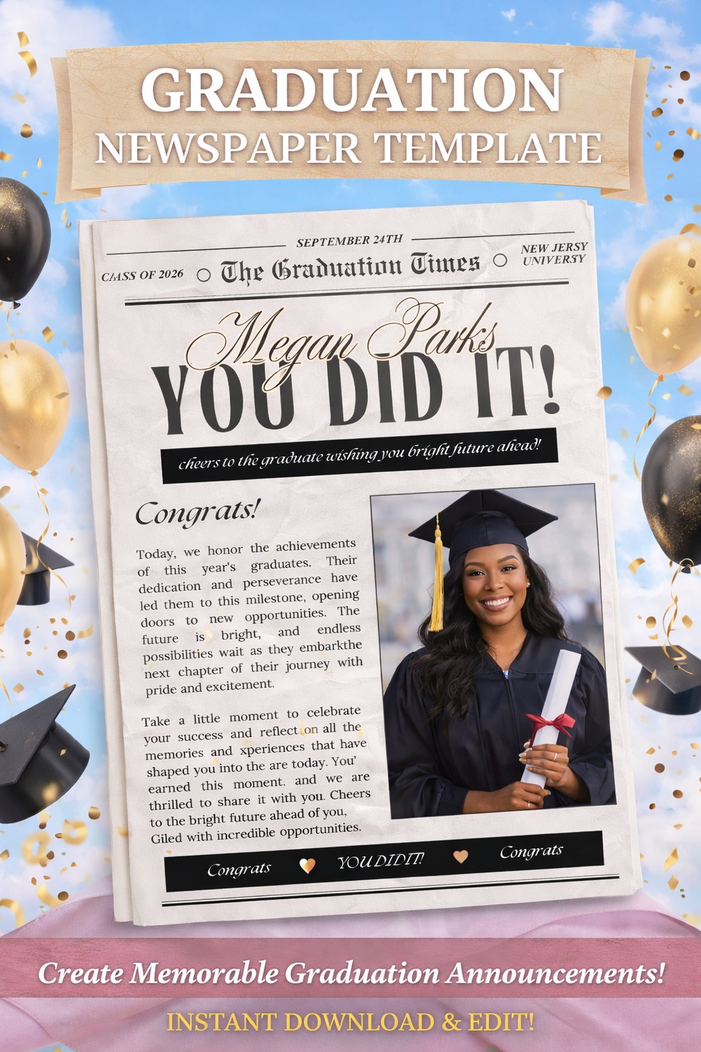 🎓 Graduation Newspaper Editable Canva Design