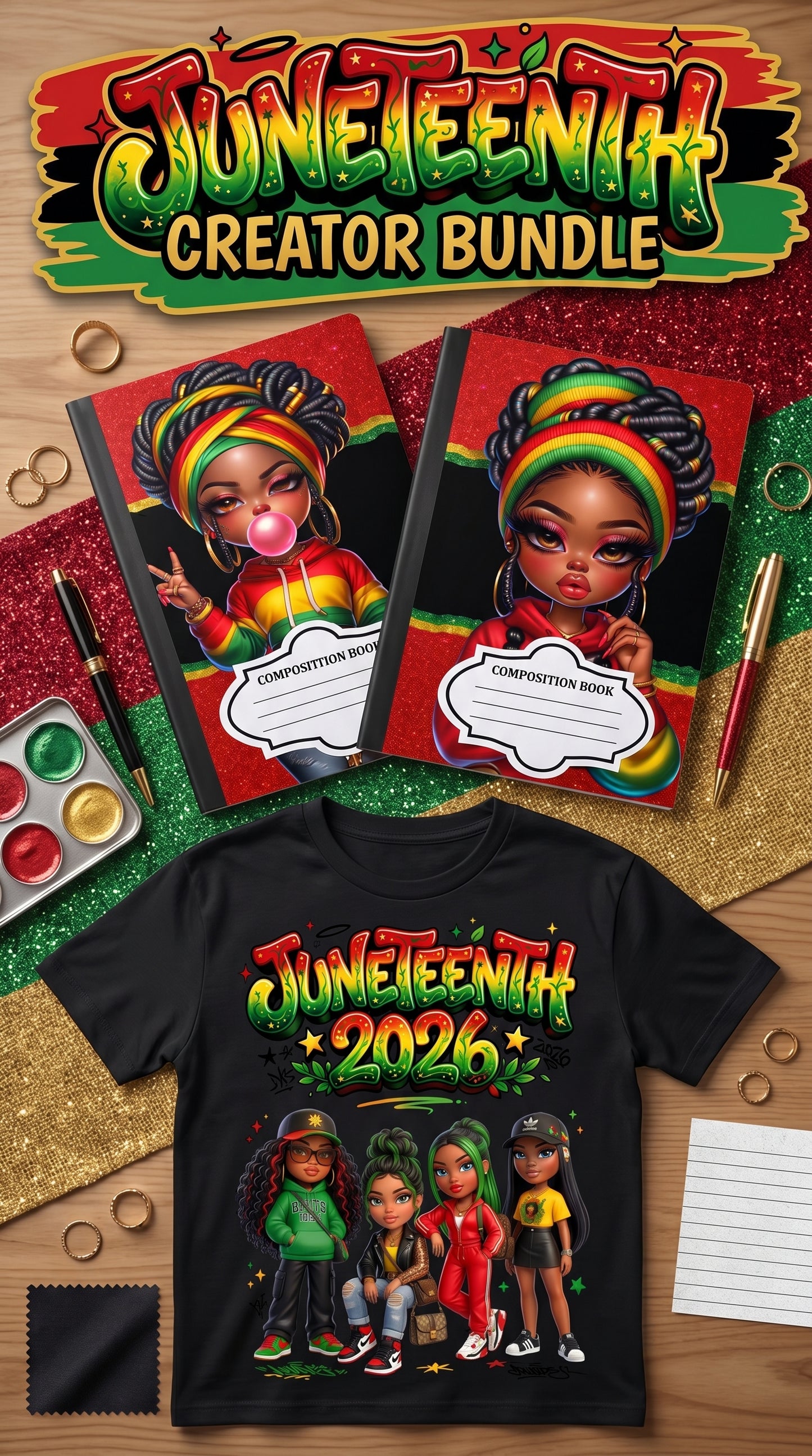 Juneteenth Creator Bundle | 6 Composition Book Covers + 12 Bold Ready-to-Use Designs ✊🏾💛❤️💚